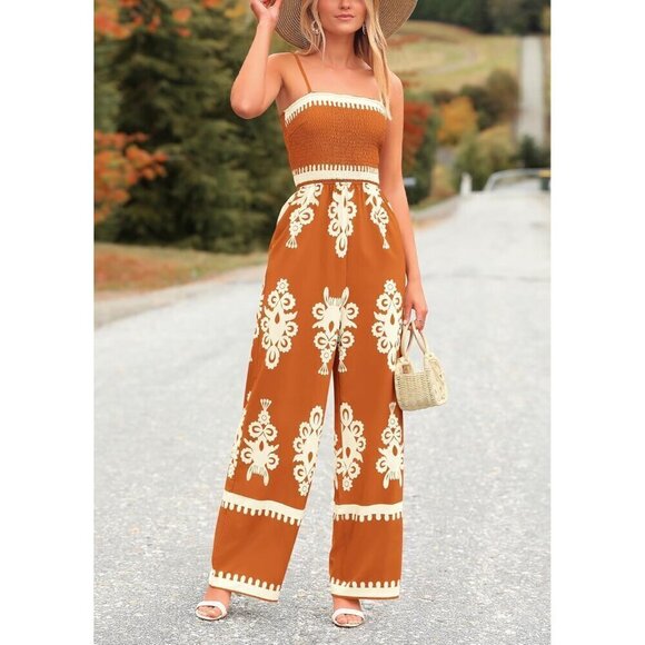 Women Red and white Summer Boho Jumpsuits and Wide Leg Pants Rompers - Picture 7 of 8